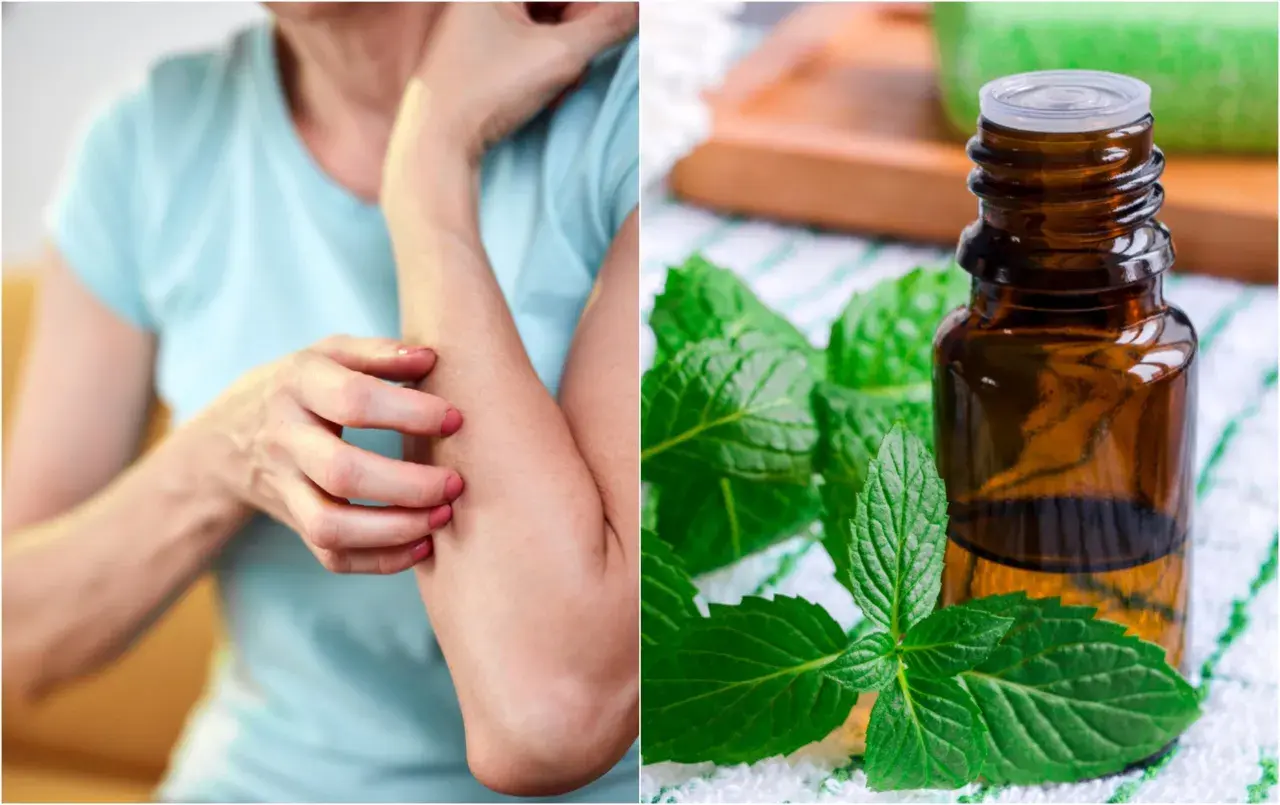 Persona con picazón en el brazo, junto a aceite esencial de menta. Posibles remedios caseros para la alergia a la humedad.
