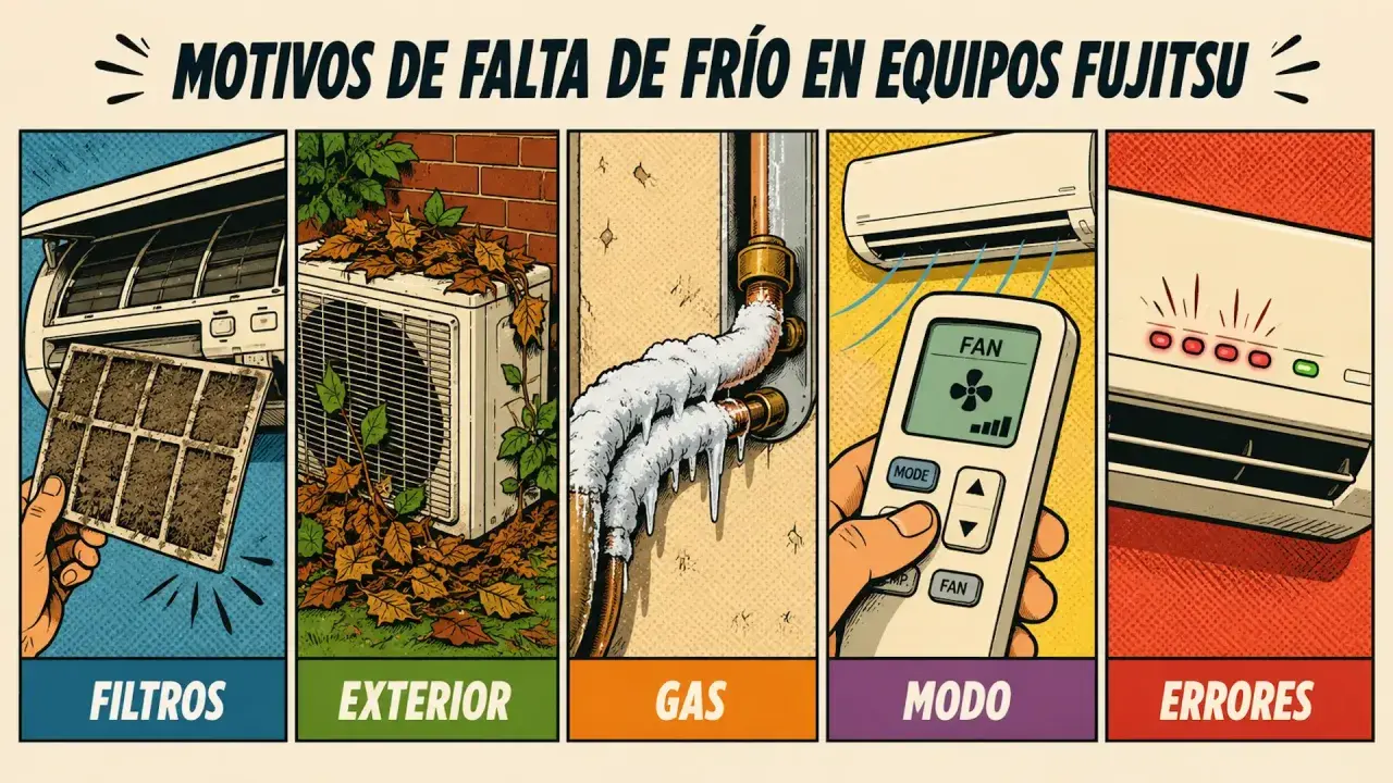 Motivos de falta de frío en aire acondicionado Fujitsu Inverter: filtros sucios, exterior obstruido, gas congelado, modo incorrecto o errores.