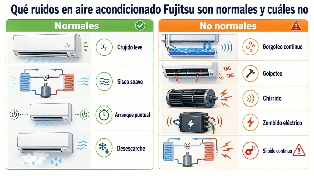 El aire acondicionado Fujitsu puede hacer ruidos. El agua goteando es normal, pero un silbido continuo o gorgoteo no lo es.