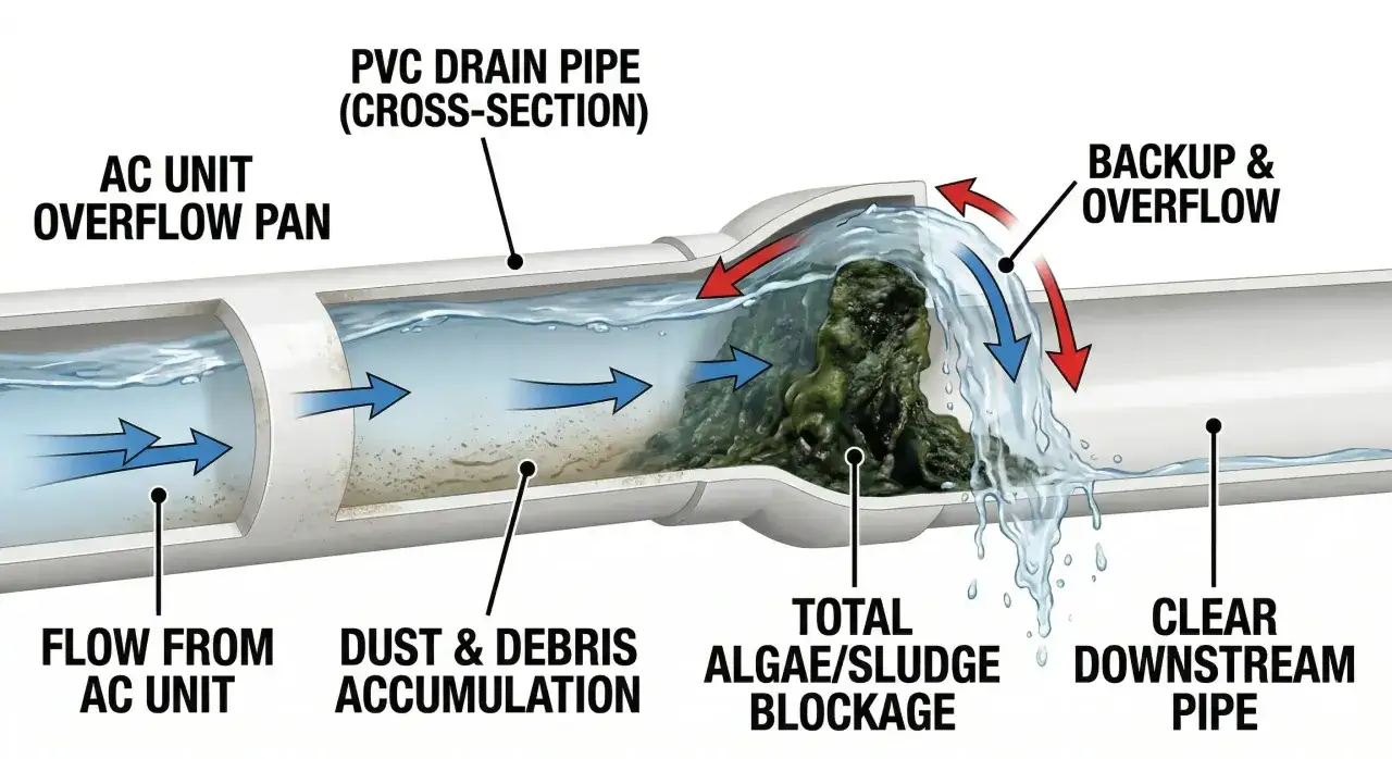 El aire acondicionado desagua agua con polvo. Una obstrucción de algas causa un ruido de desbordamiento.