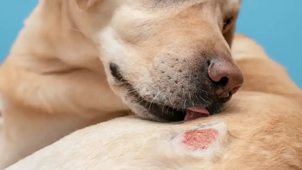 Perro lamiendo una zona irritada en su piel, posible síntoma de alergia al pelo de perro.