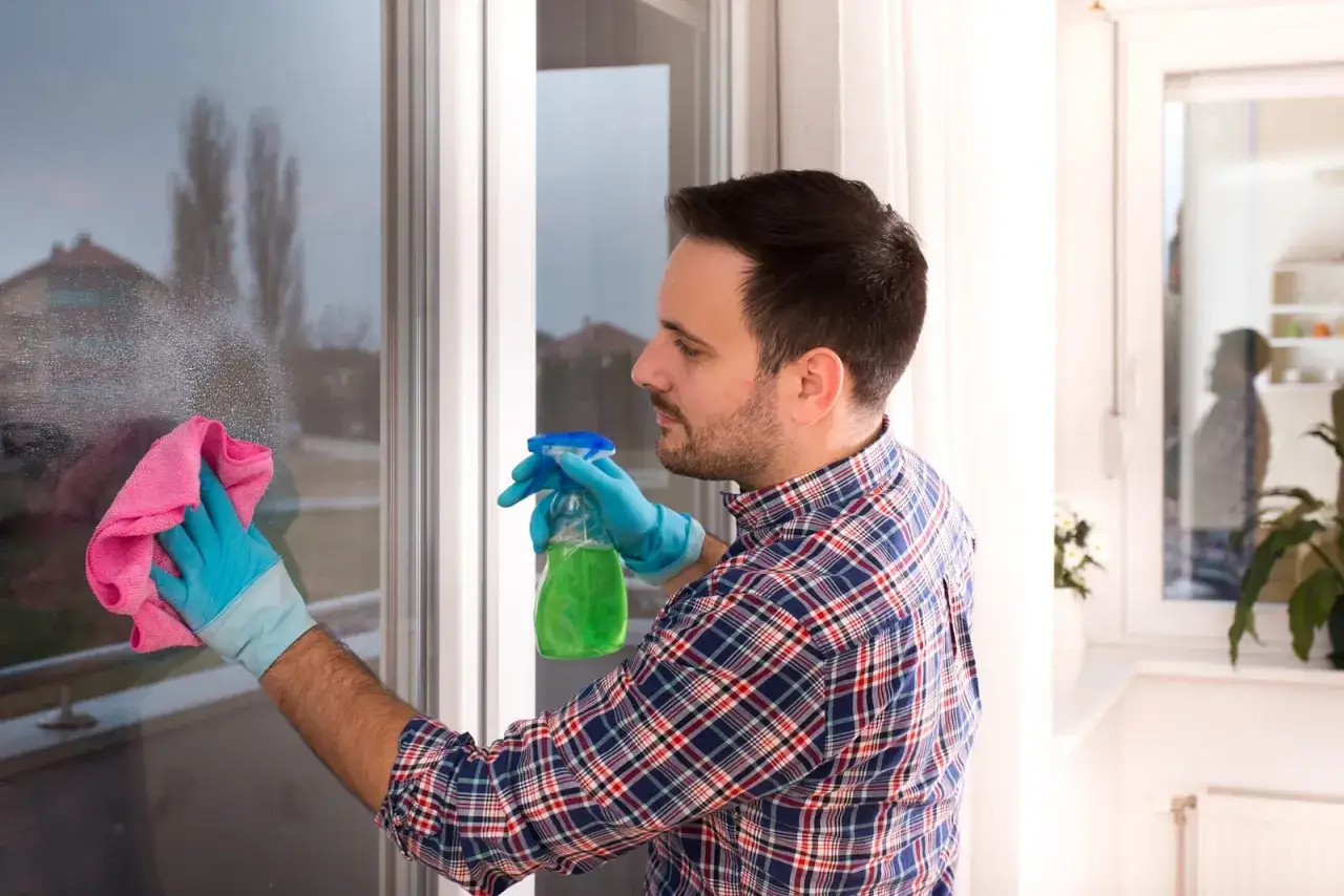 Hombre con guantes azules limpia ventana con spray y pa&ntilde;o rosa. &iexcl;Ahora entiendo porque hay tanto polvo en mi casa!