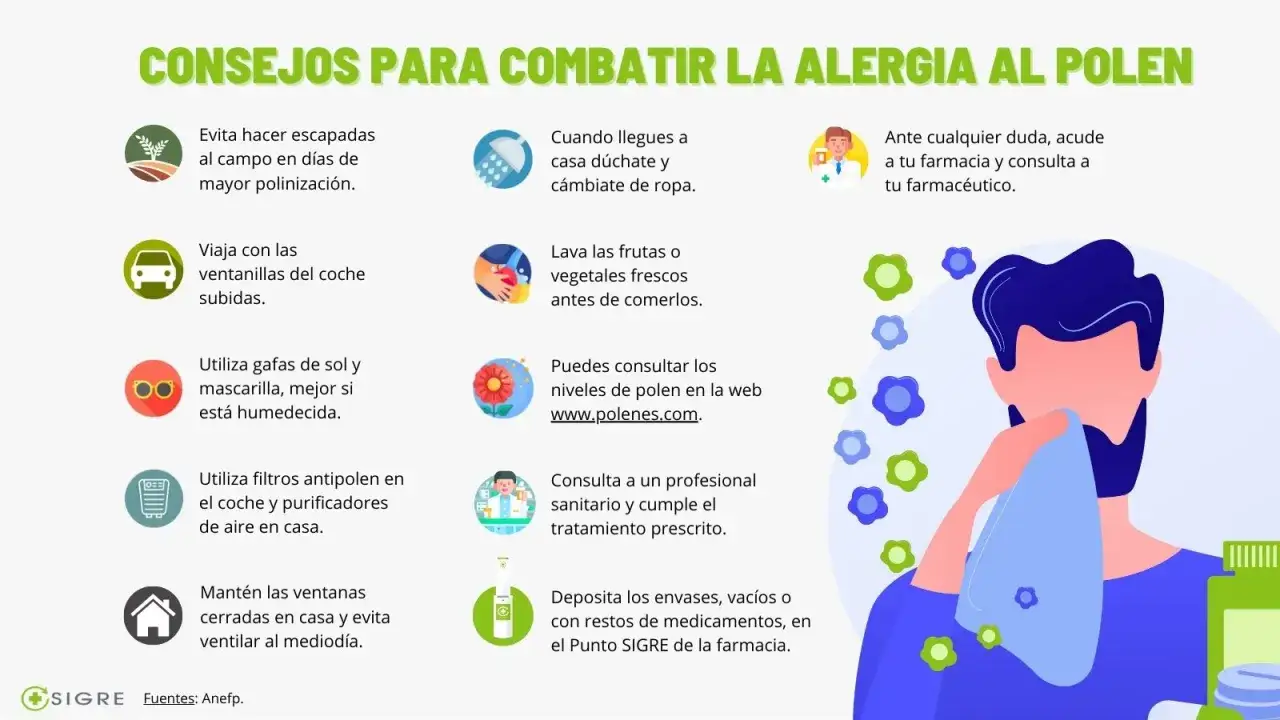 Consejos para combatir las alergias estacionales: evita el campo, cierra ventanas, usa mascarilla y consulta a tu farmac&eacute;utico.
