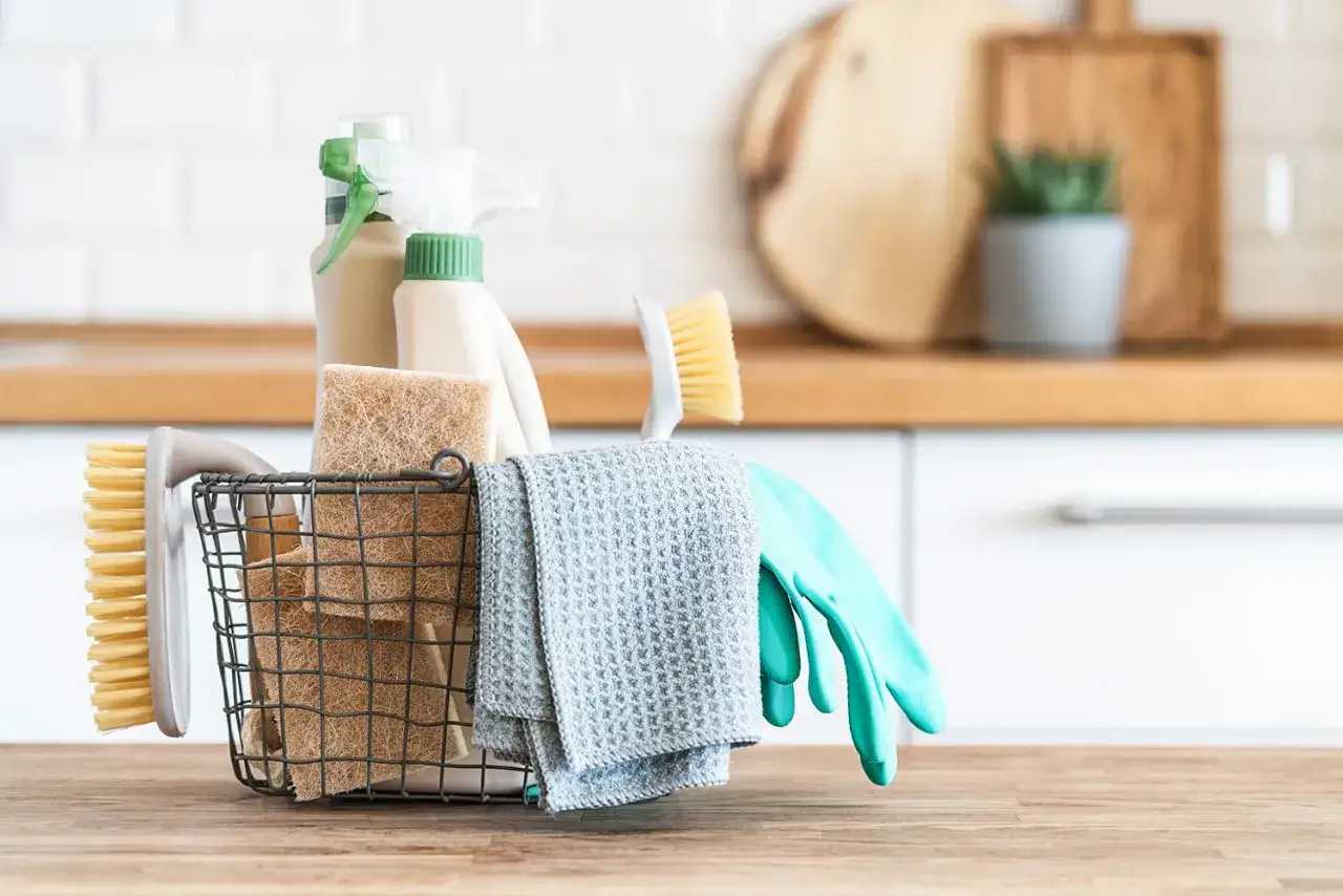 Cesta con productos de limpieza: botellas, esponjas, cepillos, guantes y pa&ntilde;o. &iexcl;Todo listo para aplicar trucos para limpiar la casa a fondo!