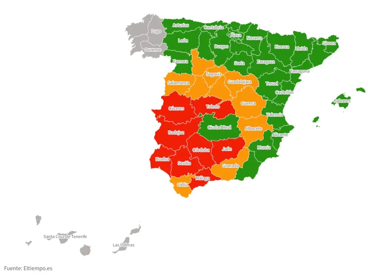 Mapa de Espa&ntilde;a con colores indicando niveles polen. Rojo: alto, naranja: medio, verde: bajo, gris: sin datos.